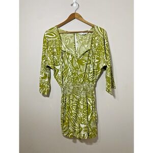 Trina Turk Romper Women Sz 2 Green 3/4 Sleeve Silk Blend Keyhole Smocked Pockets